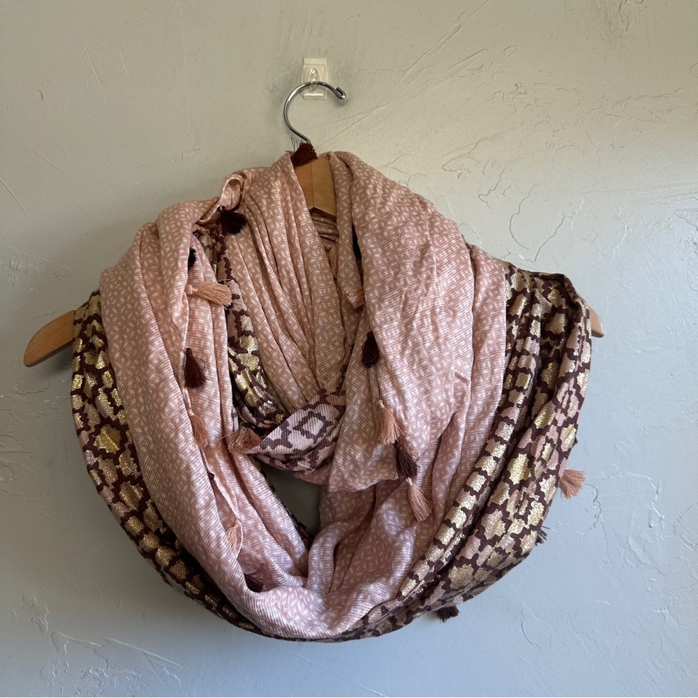 Boho Infinity Wrap Scarf Tassel Pink‎ Brown Gold Geometric Festival UO 32”x42”